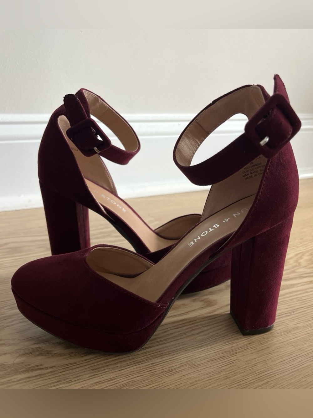 Sun + Stone Burgundy Ankle-Strap Block Heels